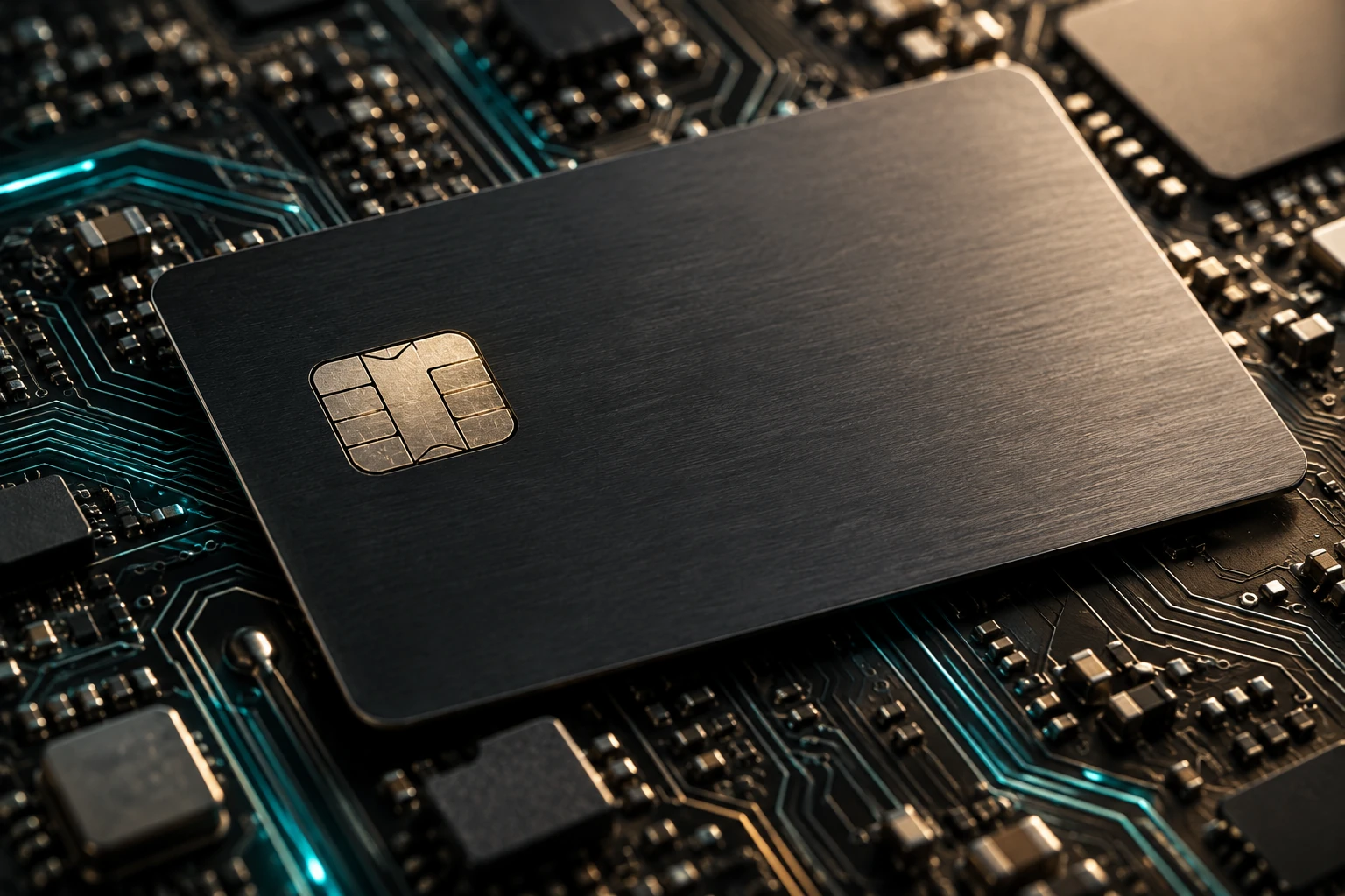 Monochrome illustration of a payment card and chip on a circuit board.
