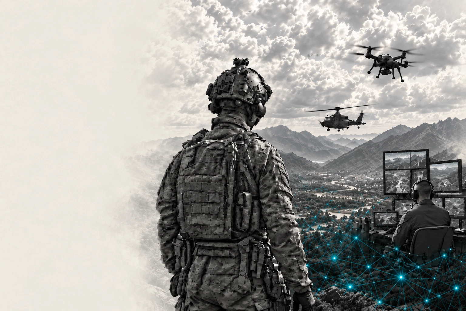 Illustration of an operator, aircraft and a mission operations center connected across a mountainous landscape.